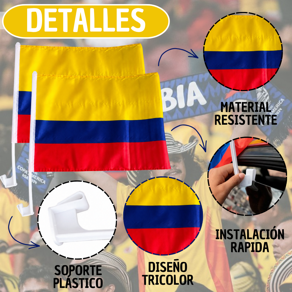 Banderines De Colombia Para Carro X2 Con Soporte Universal Tricolor 45x45 Cm