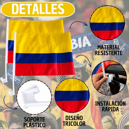 Banderines De Colombia Para Carro X2 Con Soporte Universal Tricolor 45x45 Cm