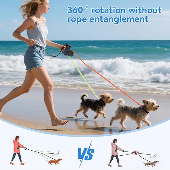 JUNGU PET — Correa Retráctil Doble 360° para 2 Perros sin Enredos
