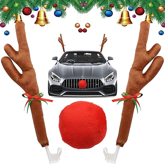 Kit Navideño para Auto – Astas de Reno con Nariz Roja y Cascabeles