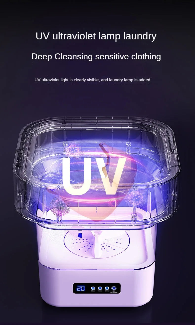 MINI LAVADORA PORTÁTIL, plegable, con ciclo de centrifugado y esterilización con luz azul, temporizador de tres velocidades, ahorro de energía.
