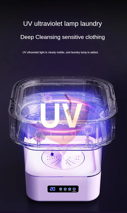 MINI LAVADORA PORTÁTIL, plegable, con ciclo de centrifugado y esterilización con luz azul, temporizador de tres velocidades, ahorro de energía.